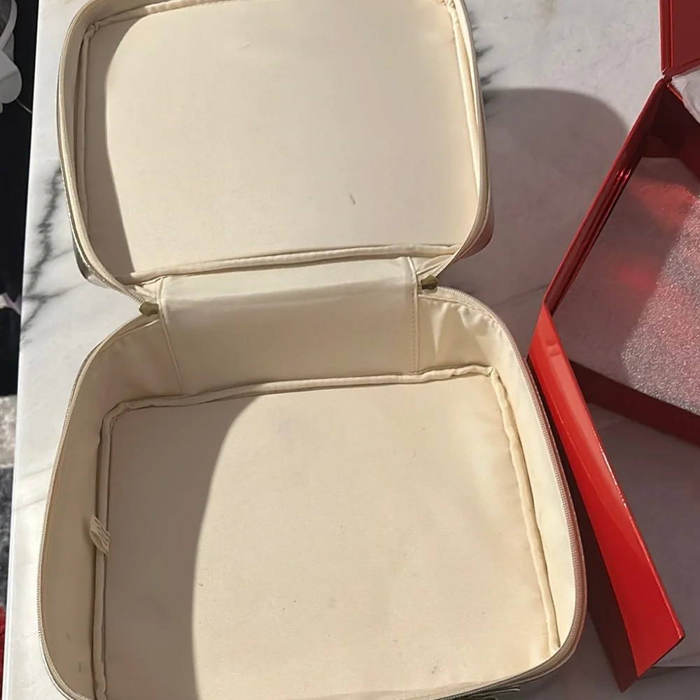 Bold Red Cardboard Cosmetic Box & Zippered Gold Tone Traincase